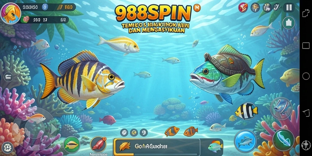 Screenshot utama 988SPIN menampilkan aksi seru menembak ikan.