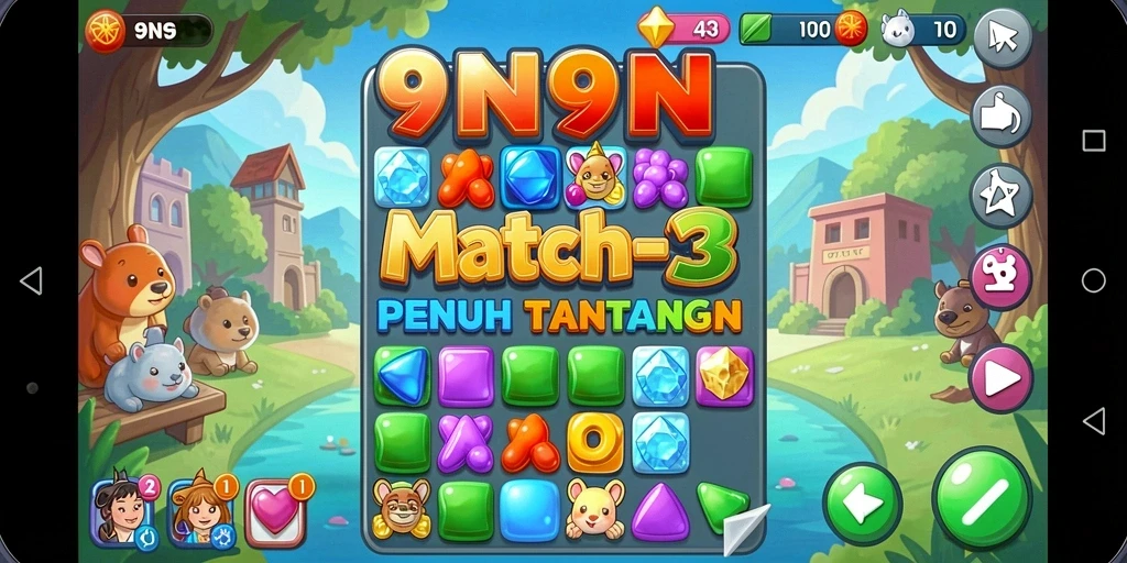 Tangkapan layar permainan 9N9N menampilkan aksi Match-3 yang seru.