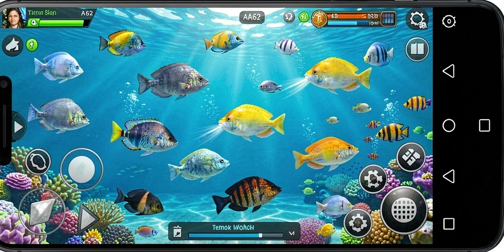 Screenshot gameplay AA62 menampilkan aksi tembak ikan yang seru.