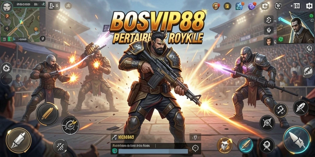 Screenshot gameplay BOSVIP88 menampilkan aksi pertempuran Battle Royale yang intens.