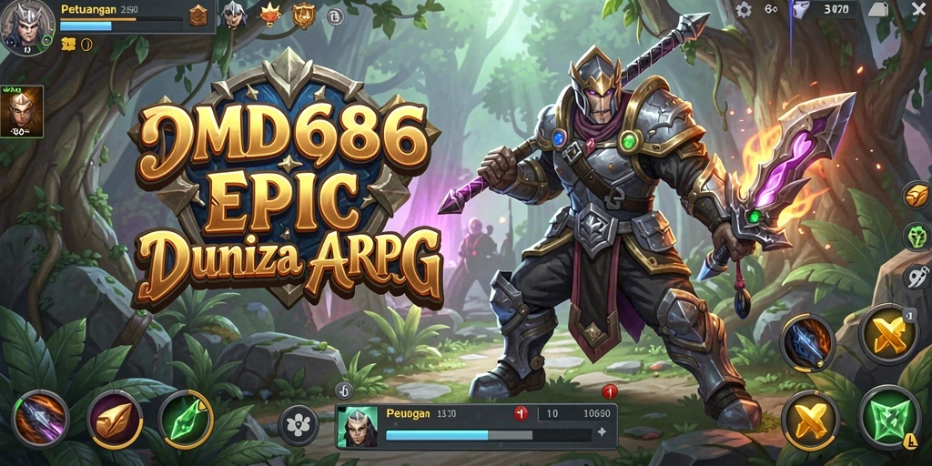Screenshot gameplay DMD686 menampilkan pertarungan epik di dunia fantasi.