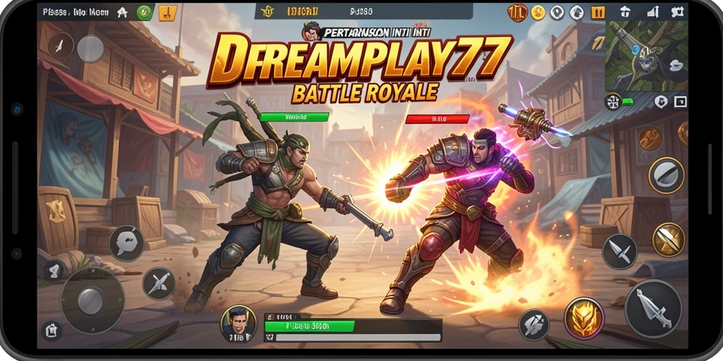 Tampilan screenshot game DREAMPLAY77 yang menunjukkan aksi Battle Royale yang intens.