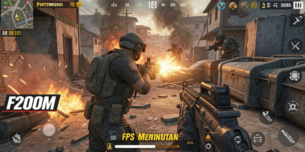 Tangkapan layar gameplay F200M dengan aksi FPS yang mendebarkan.
