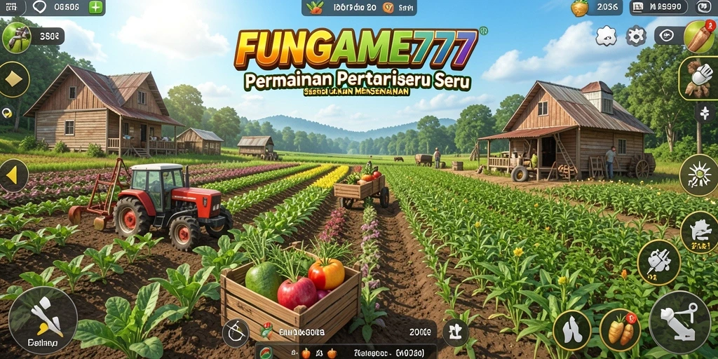Tampilan gameplay FUNGAME777 yang menampilkan ladang pertanian yang subur.