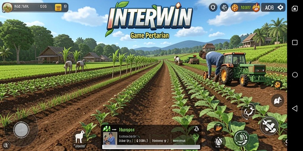 Tampilan screenshot INTERWIN menampilkan ladang hijau yang subur dan aktivitas bertani yang seru.