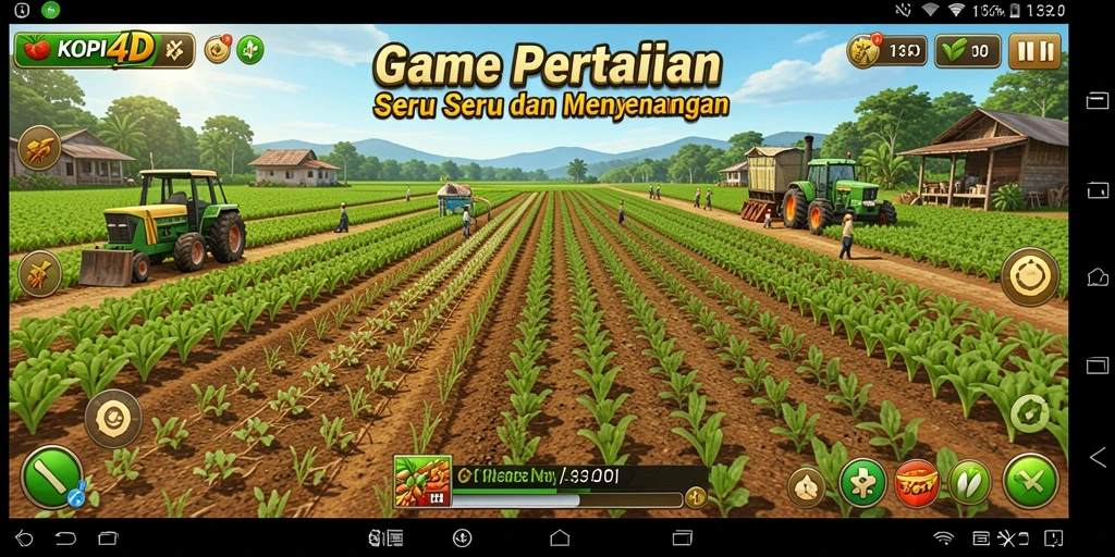 Screenshot gameplay KOPI4D menampilkan kebun yang indah dan beragam tanaman.