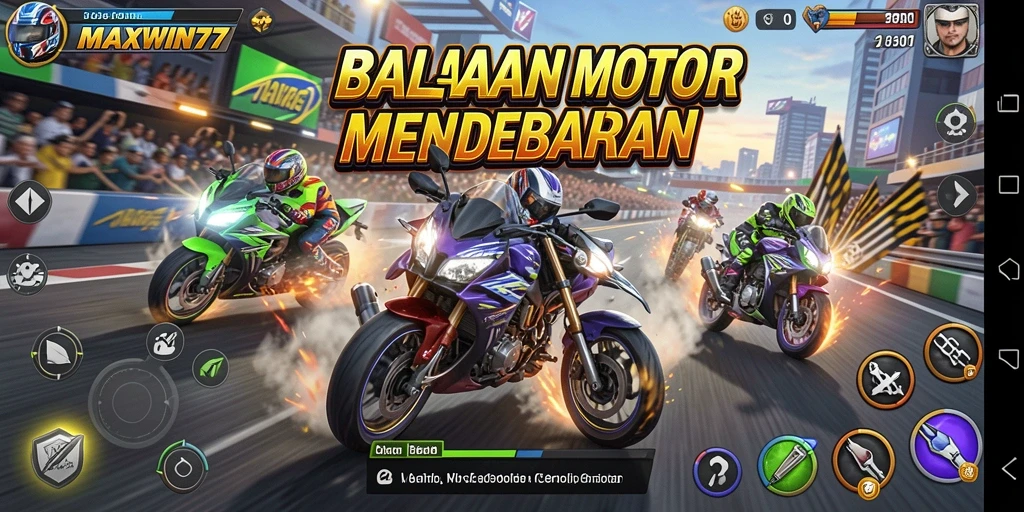 Tampilan gameplay <strong>MAXWIN77</strong> yang mendebarkan di arena balapan.