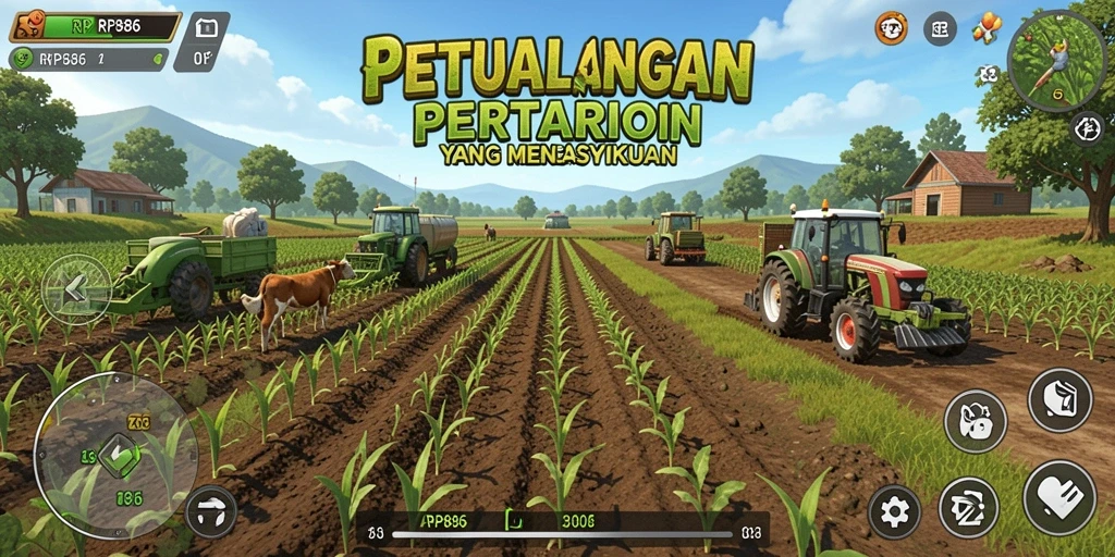 Screenshot menunjukkan gameplay RP886 dengan ladang yang subur dan hewan yang ceria.