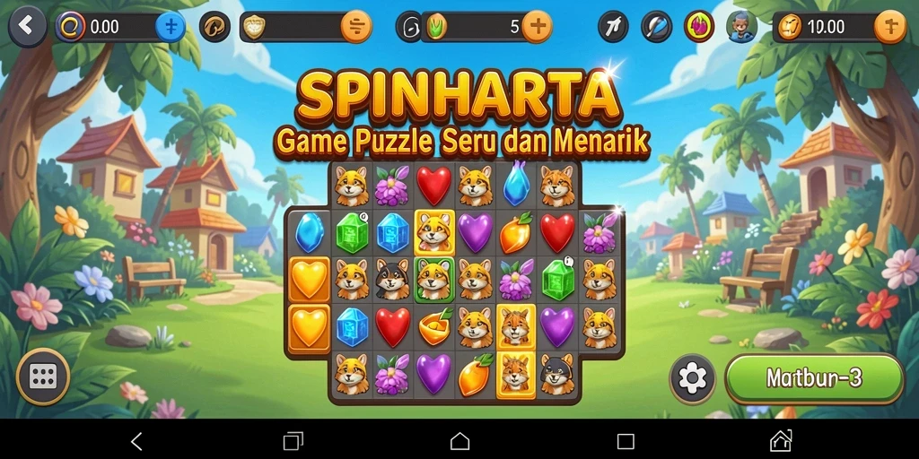 Gameplay seru SPINHARTA dengan tantangan Match-3 yang menarik.