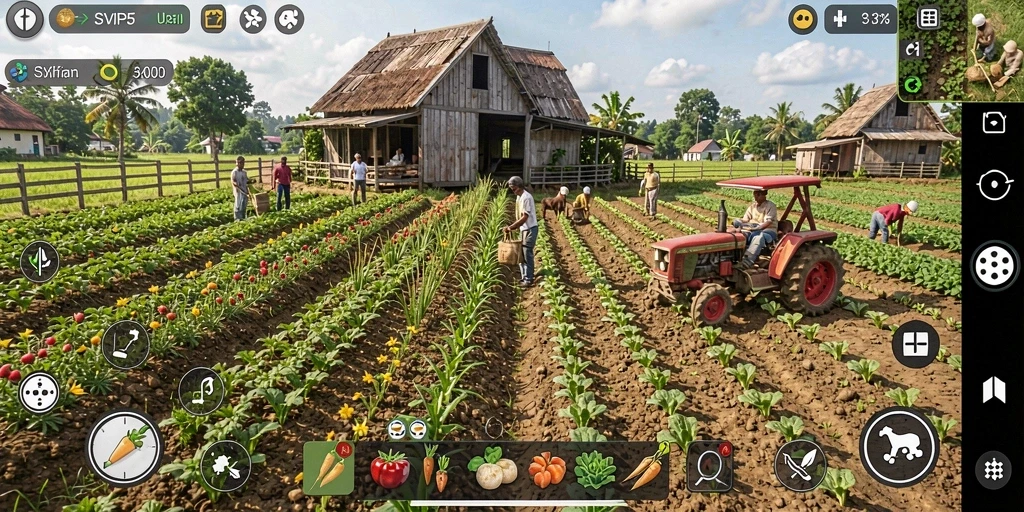 Tampilan gameplay SVIP5 dengan ladang subur dan aktivitas pertanian.