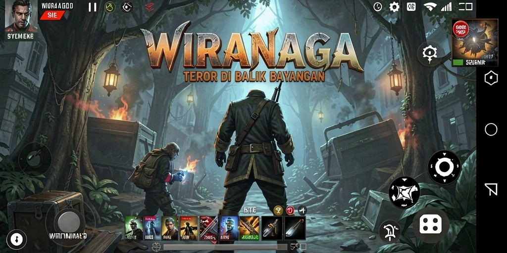 Screenshot utama WIRANAGA menampilkan suasana menakutkan gameplay.